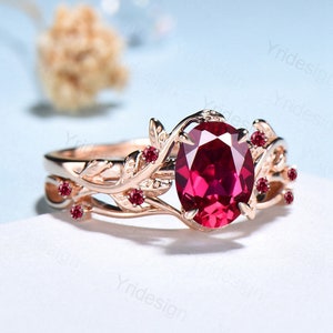 Vintage Twig Ruby Engagement Ring Set Natural Inspired cluster branch leaf ruby engagement ring women unique branch wedding ring set for her