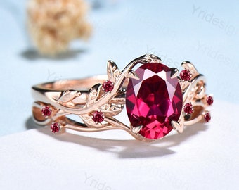 Vintage Twig Ruby Engagement Ring Set Natural Inspired cluster branch leaf ruby engagement ring women unique branch wedding ring set for her
