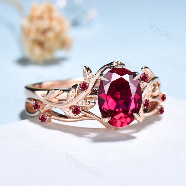 Vintage Twig Ruby Engagement Ring Set Natural Inspired cluster branch leaf ruby engagement ring women unique branch wedding ring set for her