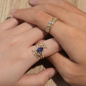 Nature inspired Couples ring set Unique alexandrite leaf vine wedding set twig cross ring men and women His Hers engagement Promise gift
