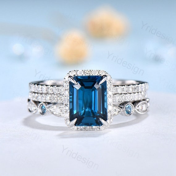 Emerald Cut London Blue Topaz Ring Set, White Gold Halo, Anniversary Gift