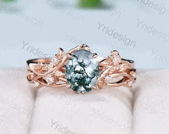 1.5CT Oval moss agate ring set cluster diamond nature inspired aquatic agate wedding ring set Vintage crystal engagement ring 14k rose gold