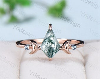 Unique Kite shaped moss agate engagement ring Dainty moon wedding ring women Alternative alexandrite/opal/sapphire onyx promise ring gift