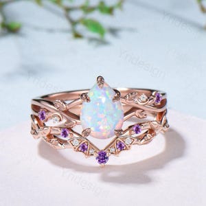 Teardrop White Opal Engagement Ring Set October Birthstone Amethyst Moon Bat Wedding Band Leaf Nature Inspired 2pcs Rose Gold Bridal Set