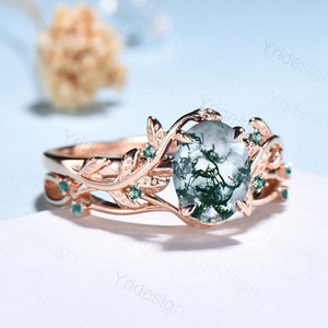 Nature Inspired moss agate ring set cluster emerald aquatic agate engagement ring vintage unique green stone Leaf wedding ring set for women