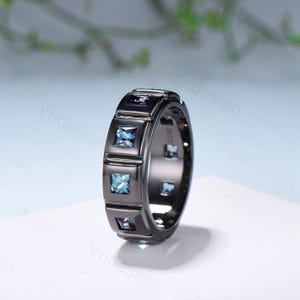 Black Gold Brushed Finish Mens Wedding Band Unisex Frame Princess Cut Alexandrite Men&#39;s Wedding Ring Anniversary Stacking Matching Band Gift