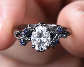 Nature Inspired Brilliant Moissanite ring Leaf Branch Oval Moissanite Engagement Ring  Black Gold Wedding Ring Unique Twig Vine Promise Ring