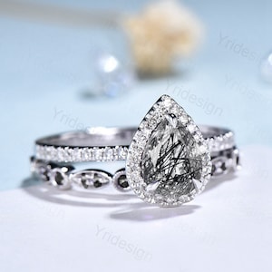 Antique black rutilated quartz ring set women 18K white gold Halo diamonds black Rutile engagement ring set Vintage Bridal set Birthday Gift
