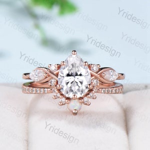 Pear shaped Moissanite engagement ring set Unique Rose gold engagement ring vintage curved Opal Diamond Bridal anniversary gift for women