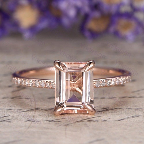 Emerald Cut Morganite Engagement Ring Rose Gold Women Wedding - Etsy