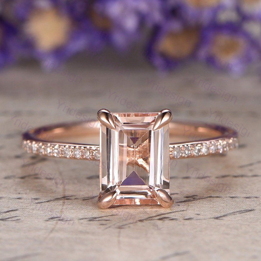 Emerald Cut Natural Morganite Engagement Ring 14K Rose Gold