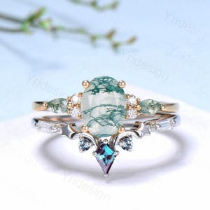 Unique Oval Cut Green Moss Agate Engagement Ring Set Vintage Sterling Silver Star Moon Alexandrite Ring Art Deco 2pcs Bridal Ring Set Women