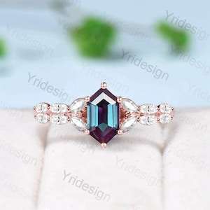 Vintage Marquise Cut Moissanite Ring Long Hexagon Alexandrite Engagement Ring Antique Unique Color Change Stone Wedding Ring For Women