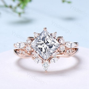 Vintage 2CT Princess Cut Moissanite Engagement Ring Cluster Moissanite Diamond Wedding Ring Set 2pcs Bridal Ring 14K Rose Gold Bridal Set