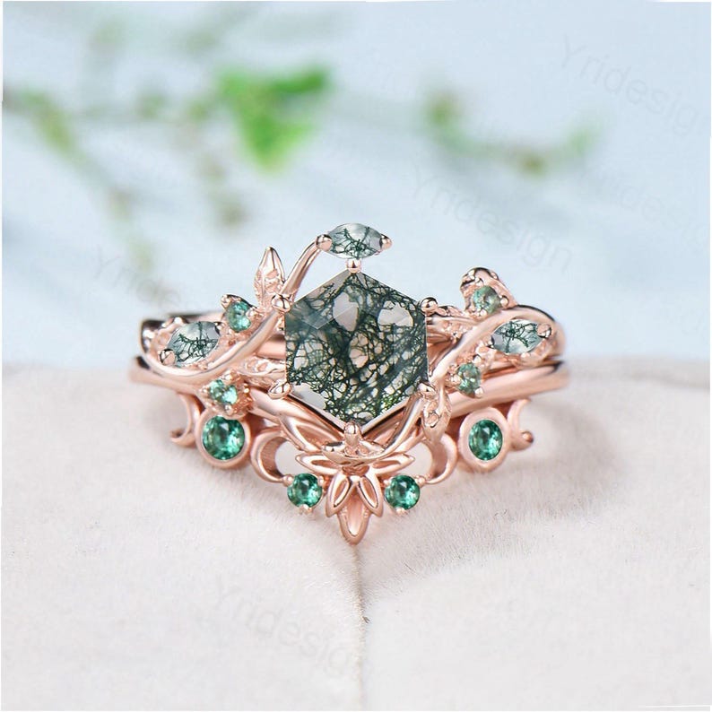 2pcs Hexagon Cut Moss Agate Ring Set Elegant Green Agate Nature Inspired Engagement Ring Emerald Stacking Band Bridal Set Anniversary Gift 1