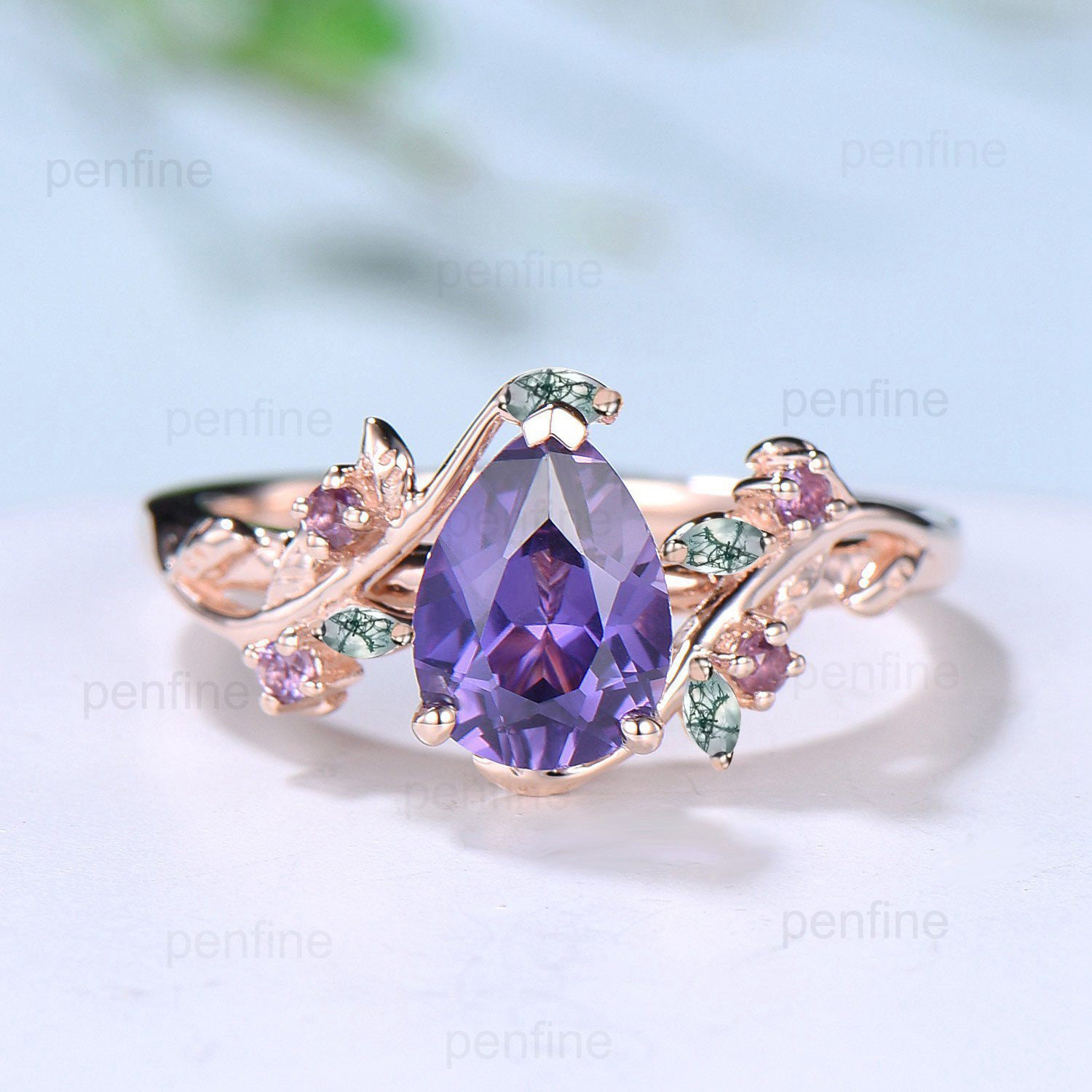ワームス　Flower Stone Ring warmth Natural Inspired Flower Purple Sapphire Ring Vintage Twig