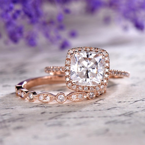 Moissanite Wedding Ring Set 14k 18k Rose Gold Engagement Ring | Etsy