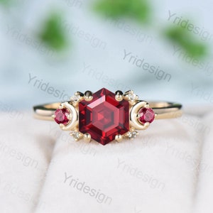 Vintage Garnet Ring Unique Hexagon Garnet Moon Engagement Ring women Art Deco January birthstone ring gift Antique Red Crystal Promise Ring