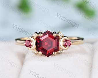 Vintage Garnet Ring Unique Hexagon Garnet Moon Engagement Ring women Art Deco January birthstone ring gift Antique Red Crystal Promise Ring