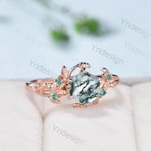 Twig Moss Agate Engagement Ring Rose Gold Vintage Unique Green Stone Wedding Ring Cluster Emerald Branch Leaf Anniversary Promise ring Gift