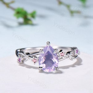 Unique Pear Shaped lavender amethyst Ring Moon Star Pink Tourmaline Purple Engagement Ring February Birthstone Handmade Proposal Gifts Women