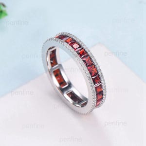 Vintage Garnet Wedding Band Full Eternity Princess Cut White gold Wedding Ring Unique Stacking January Birthstone Anniversary band gift