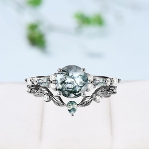 Vintage black gold moss agate ring set Nature Inspired round cut aquatic agate engagement ring Unique Leaf bridal wedding ring set for women