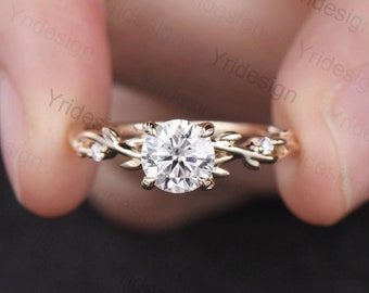 Round Brilliant Moissanite ring Leaf Branch Moissanite Engagement Ring 14K Yellow Gold Nature Inspired Wedding Ring Unique Twig Promise Ring