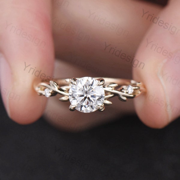 Round Brilliant Moissanite ring Leaf Branch Moissanite Engagement Ring 14K Yellow Gold Nature Inspired Wedding Ring Unique Twig Promise Ring