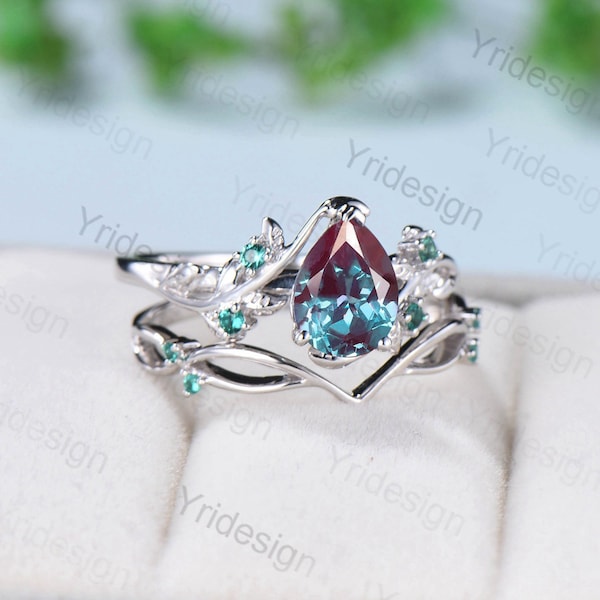 Vintage Twig alexandrite engagement ring pear shaped 10k/14k/18k white gold Leaves branch wedding ring set promise ring for women gift