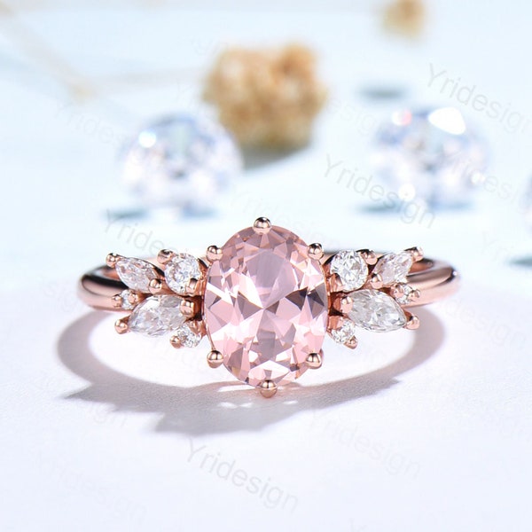 Pink Morganite Ring 1.5CT Oval Morganite Engagement Ring Cluster Ring Statement Ring Sterling Silver Ring  Rose Gold Bridal Promise Ring