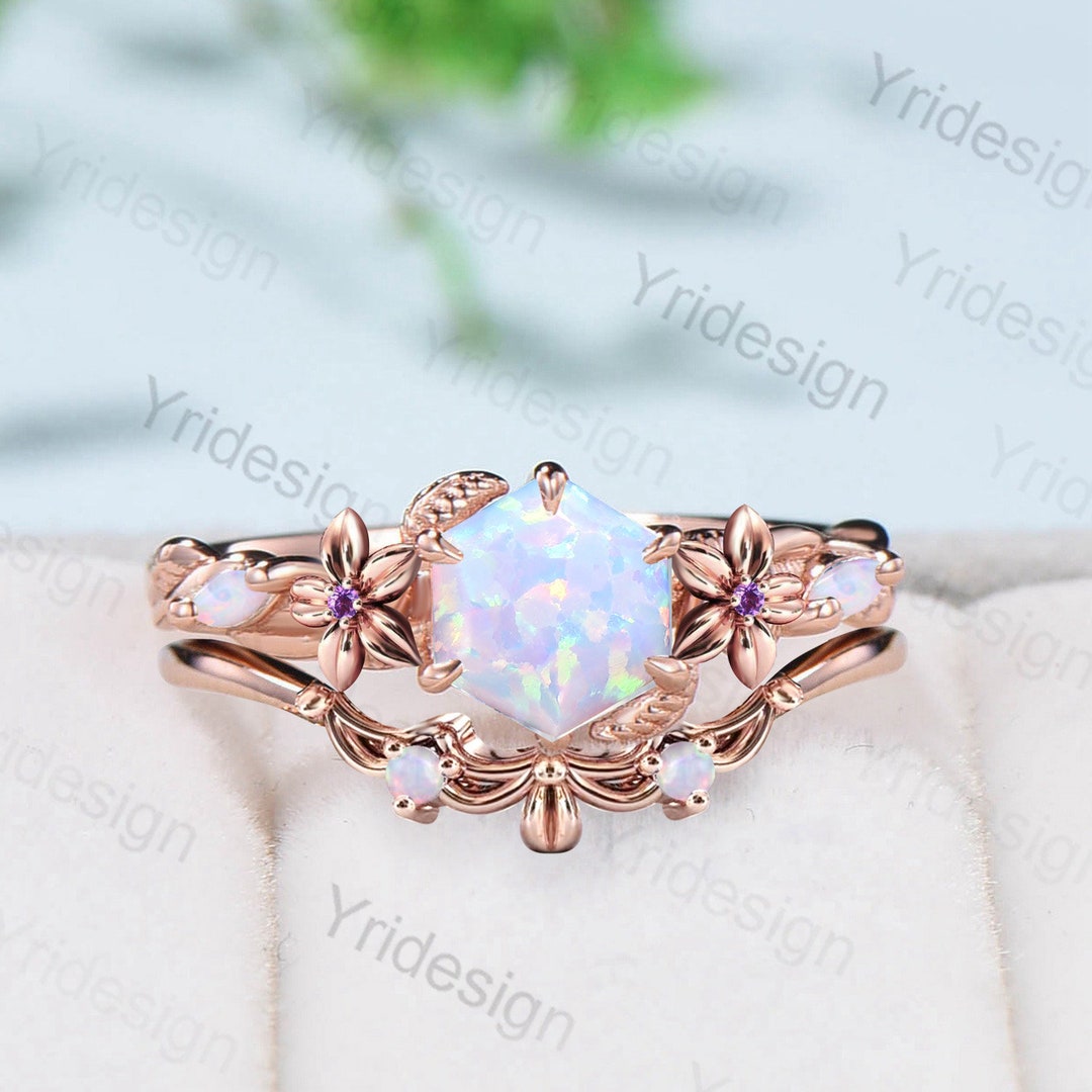 Flower White Opal Engagement Ring Set Nature Inspired Hexagon - Etsy