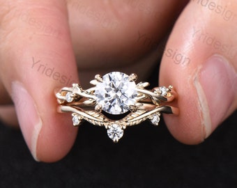 1CT Round Brilliant Moissanite Engagement Ring Set  Nature Inspired Branch Twig Moissanite Wedding Set Unique Leaf anniversary promise ring