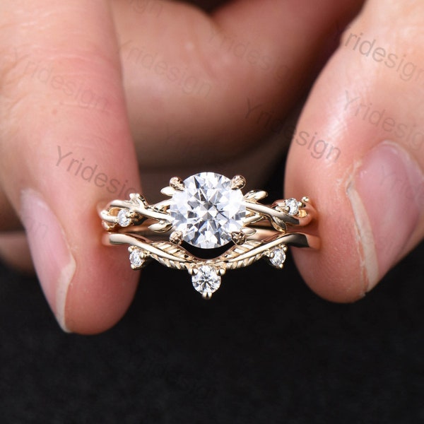 1CT Round Brilliant Moissanite Engagement Ring Set  Nature Inspired Branch Twig Moissanite Wedding Set Unique Leaf anniversary promise ring