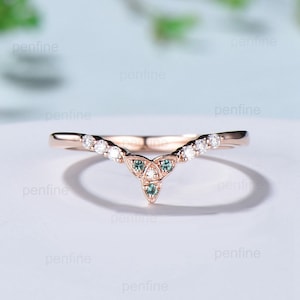 Norse Viking emerald wedding band women curved moissanite wedding ring silver rose gold vintage stacking matching band anniversary ring mom