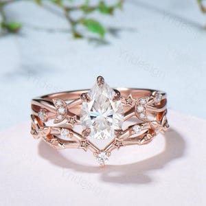 Vintage Pear Shaped Diamond Engagement Ring Set Moon Star Rose Gold Moissanite Wedding Ring Set Nature Inspired Twig Vine Anniversary Ring