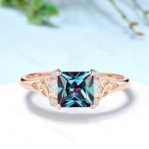 Unique Celtic Knot Princess Cut Alexandrite Engagement Ring Norse Viking Cluster Baguette Opal Alexandrite Wedding Ring Anniversary gifts