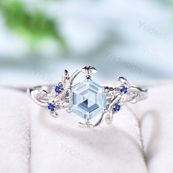 Natural Alternative Aquamarine Ring White Gold Vintage Leaf Aquamarine Engagement Ring Unique Cluster Blue Sapphire  Wedding Ring For Women