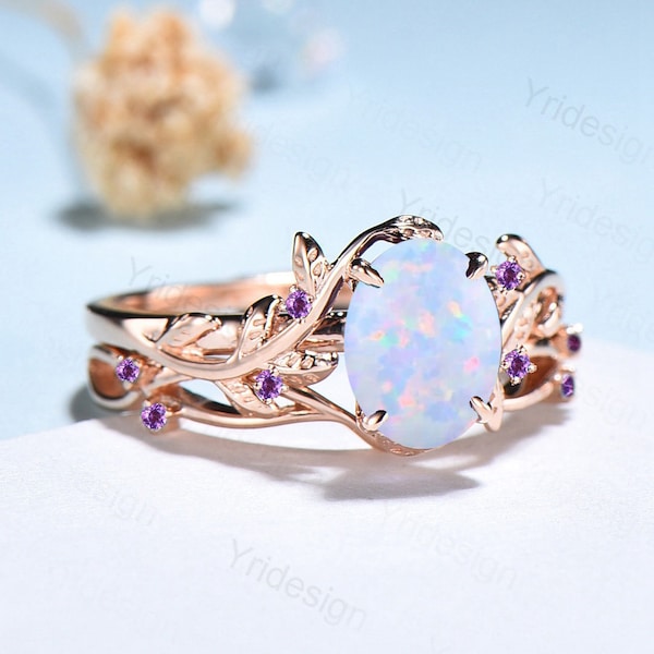 Nature Inspired opal engagement ring set Leaf white opal wedding ring set cluster amethyst branch stacking band unique bridal ring set gift