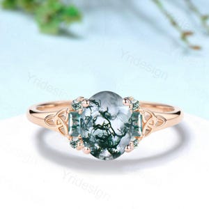 Norse Viking Oval Natural Moss Agate Engagement Ring Unique Celtic Knot Baguette Green Agate Ring Cluster Wedding Ring Anniversary gifts Her