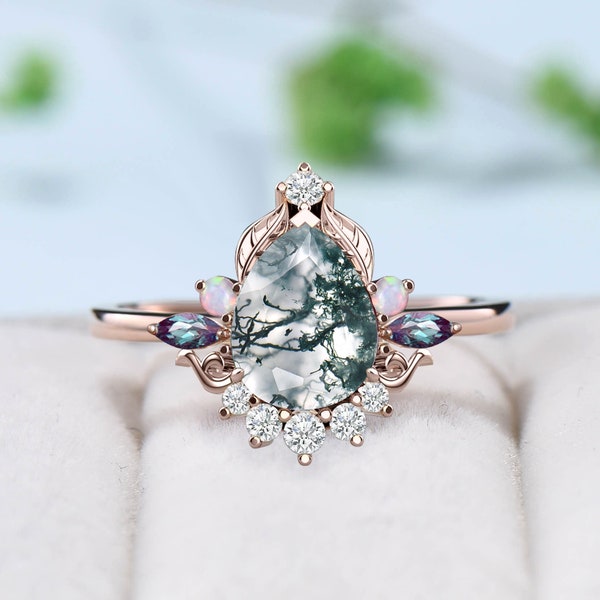 Unique Pear Shaped Moss Agate Ring Vintage  Alternative Alexandrite Opal Wedding Ring For Women Nature Inspired Cluster Leaves Promise Ring