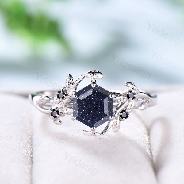 Elegant Blue Sandstone Ring Hexagon Vintage Galaxy White Gold Twig Gold Engagement Ring Leaf black Onyx Star Wedding Ring Women Promise Ring