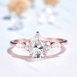 Tear Drop Moissanite Wedding Ring / Vintage Moissanite Engagement Ring Pear Shaped / Cluster Simulant Diamond Bridal Promise Ring For Women