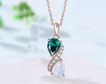 Unique Opal Emerald Pendant Necklace Women Alternative Moissanite fire opal necklace Vintage Snake Promise Gift pear shaped pendant for mom