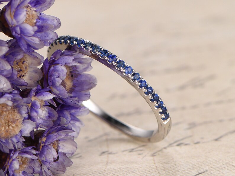 14K White Gold Blue Sapphire Wedding Bands women,Half Eternity Engagement Ring,MIcro Pave set,promise Band Thin Wedding Band,Stackable Ring