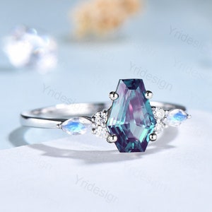 Vintage Coffin shaped Alexandrite engagement ring white gold cluster moonstone ring silver June birthstone anniversary bridal ring women