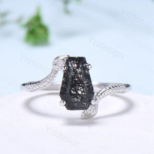 Unique Snake Black Gold engagement ring set cold-blooded coffin shaped black rutilated quartz wedding set for women anniversary promise gift