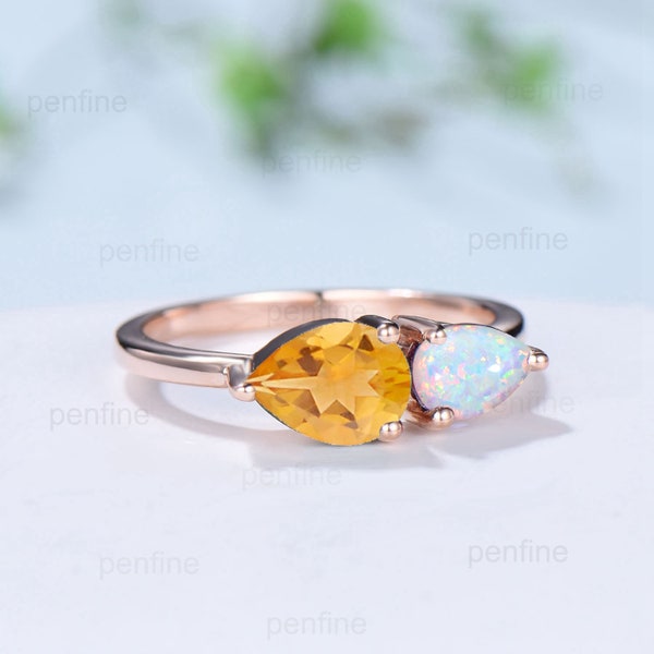 Solitaire 5x7mm pear citrine engagement ring Two Stone 4x6mm opal alexandrite wedding ring for women dainty anniversary ring for daughter