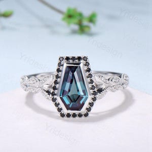 Unique Coffin shaped Alexandrite engagement ring Halo Black diamond retro wedding ring Gothic Limited  Color Change split shank promise Ring