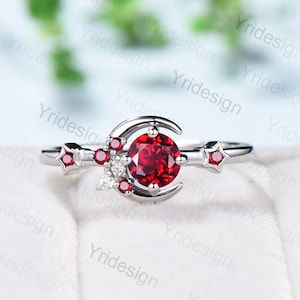 Vintage Crescent moon Ruby Ring Women Silver Gold Unique Cluster Star Galaxy red ruby moissanite wedding ring celestial anniversary ring